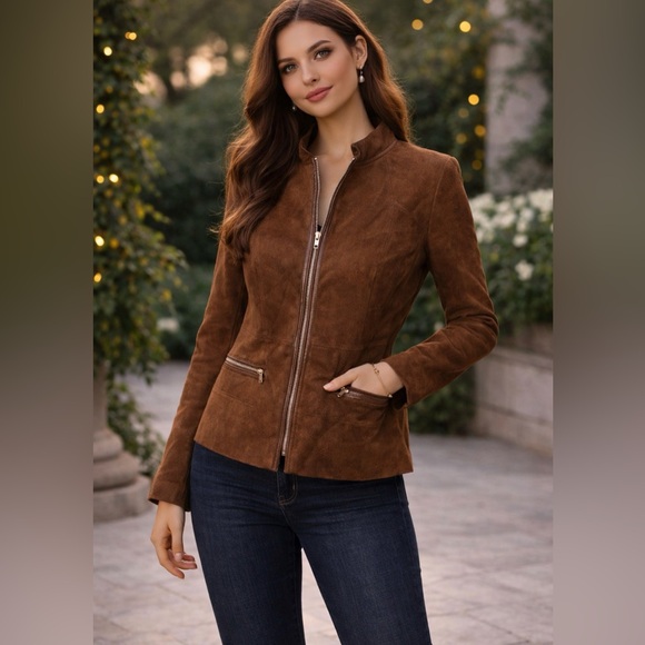 Laura Ashley Jackets & Blazers - Laura Ashley Brown Suede Zip-Front Jacket